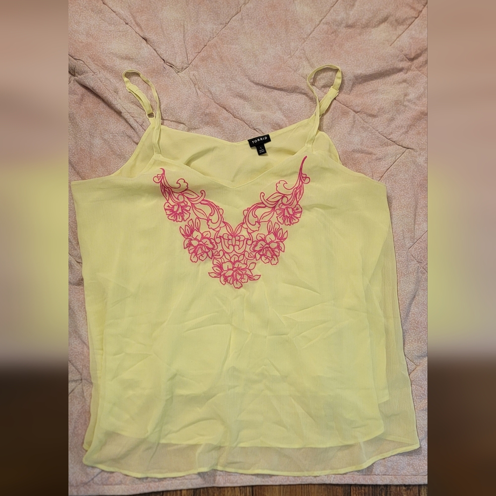 Elegant Lemon Camisole with Pink Embroidery